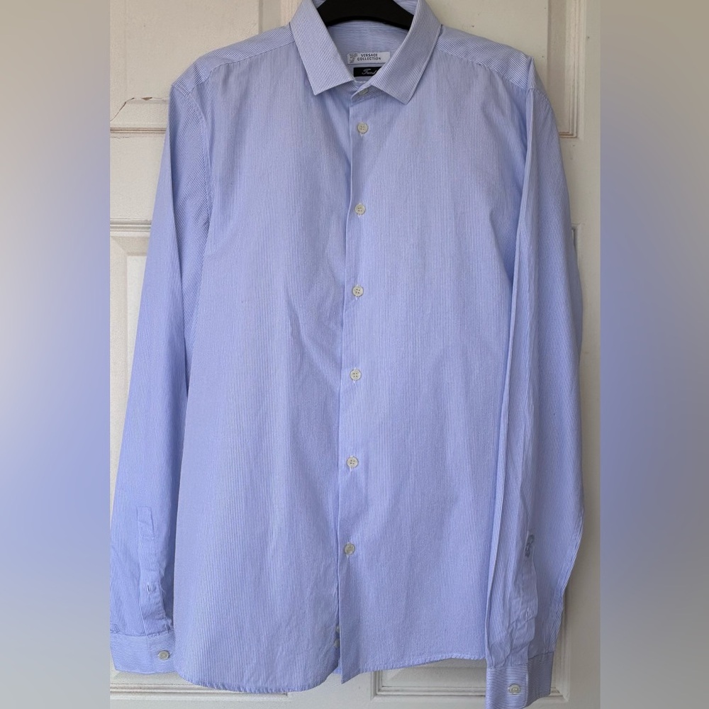 Versace Collection Trend Dress Shirt Pinstripe Blue/White EU Size 43